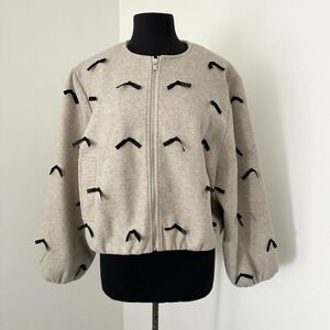 Bohme Ribbon Bow Bomber Jacket Women XL Beige Balloon Sleeve Leona Coquette